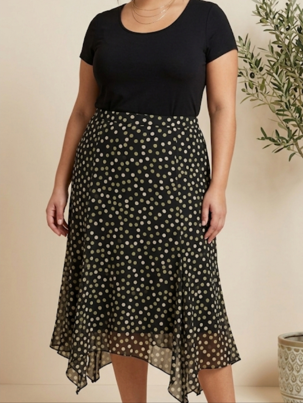 Apostrophe Black Maxi Skirt Asymmetrical sz 16 Lined Green &  White Polka Dots